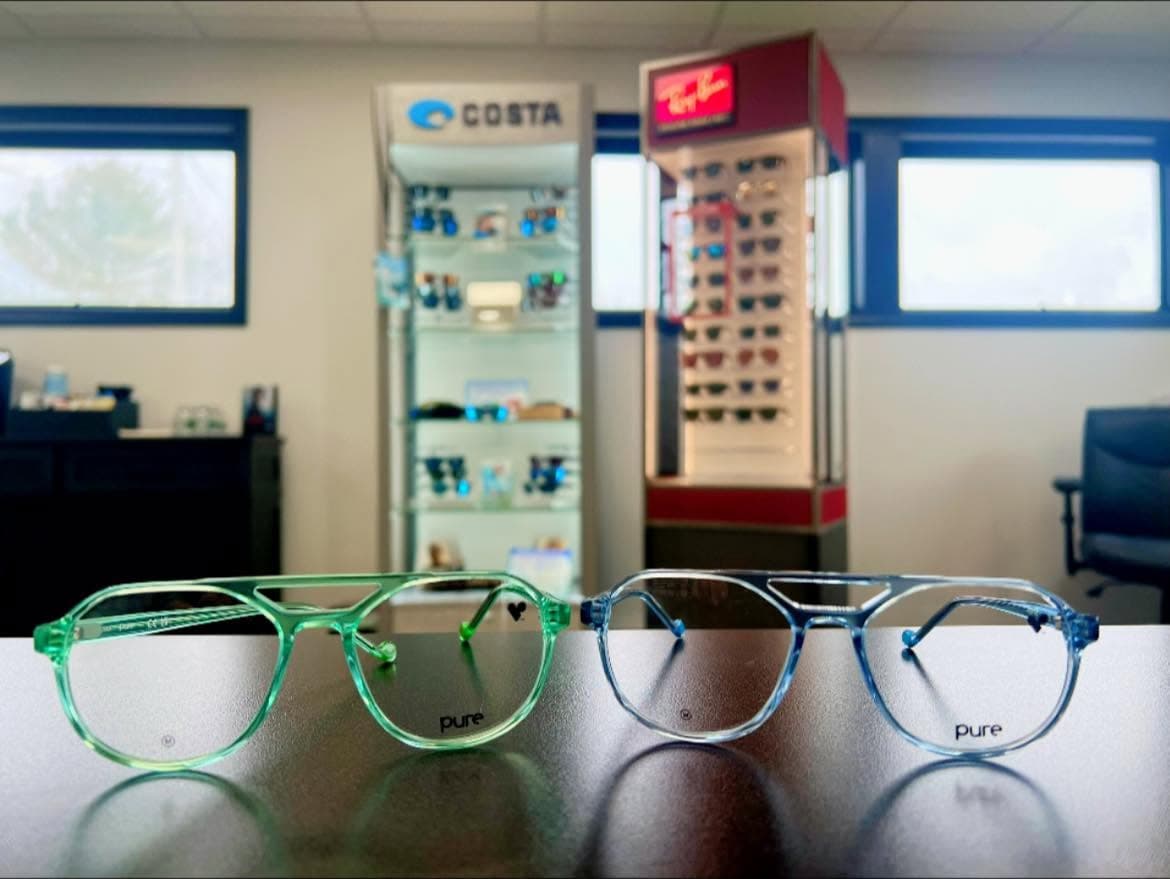 Colorful eyewear displayed at Acadia Eye Center
